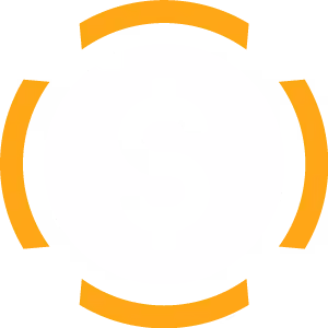 Black dollar sign inside white circle with four broken orange arcs around the circle.