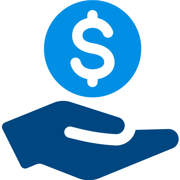 Blue hand holding a coin with a black dollar sign symbolizing cost savings.