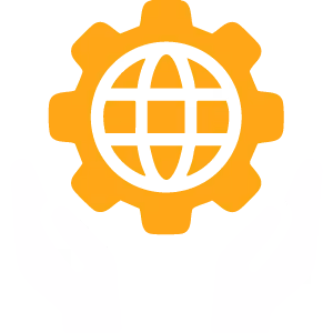 Two white hands holding a yellow gear with a black globe inside it.