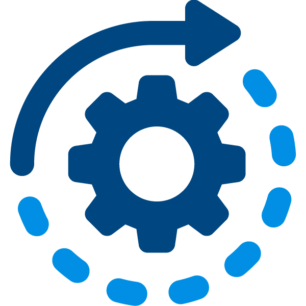 Blue gear with a solid arrow above and a dashed circular arrow around it symbolizing process or integration.