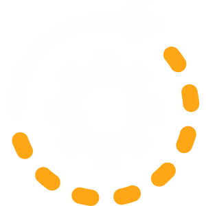 White gear icon with a clockwise arrow and dotted orange semicircle around it.