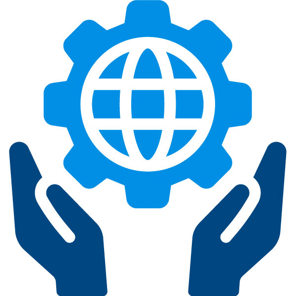 Two blue hands holding a gear with a globe symbol inside representing global support or technology.