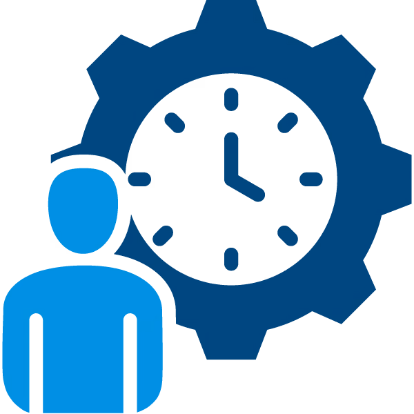 Blue icon of a person in front of a clock inside a gear, symbolizing time management or support.