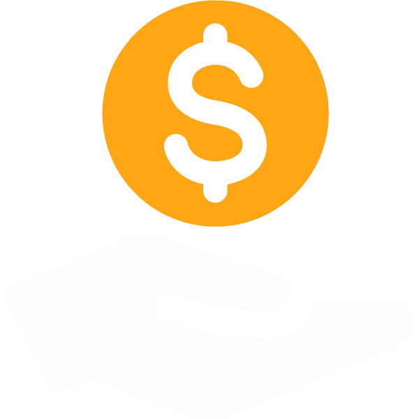 White hand icon holding an orange coin with a black dollar sign symbolizing cost savings.