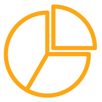 Orange pie chart icon with three segments on a black background.