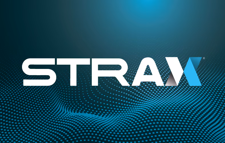White STRAX text logo with stylized blue and gray X on a wavy blue dotted background.