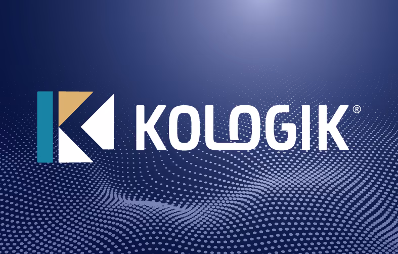 Kologik logo with stylized K icon on dark blue dotted wave background.