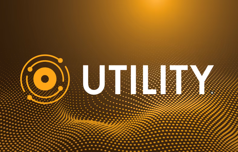 Orange circular orbit logo and word UTILITY on a glowing brown dotted wave background.