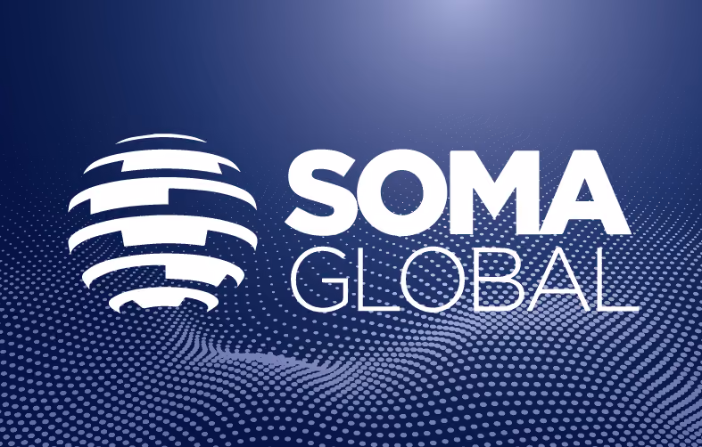 White SOMA GLOBAL text with a stylized globe logo on a blue digital dot-patterned background.