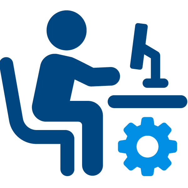 Icon of person sitting at desk using computer with a gear symbol below representing technical support.