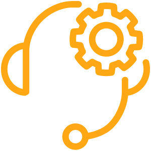 Orange headset icon with a gear symbol representing technical support or customer service.