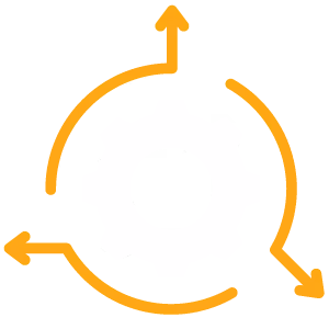 White gear icon surrounded by three orange arrows pointing in different directions, symbolizing flexibility.