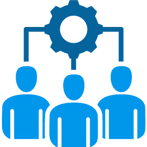 Three blue human figures connected to a central gear icon symbolizing teamwork or collaboration.