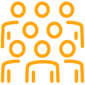 Stylized orange icon of a group of seven people in three rows on transparent background.