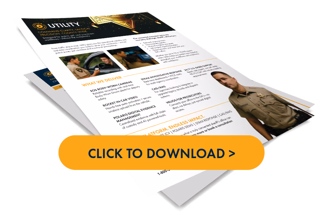 Flyer for utility command clarity products featuring law enforcement images and a Click to Download button.