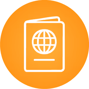 White passport icon with a globe on the cover inside an orange circle.