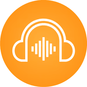 White headphones icon with audio waveform inside on an orange circular background.