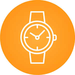 White wristwatch icon with hour and minute hands on an orange circular background.
