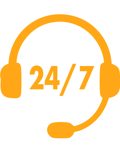 Orange headset icon with microphone and text 24/7 representing round-the-clock support.