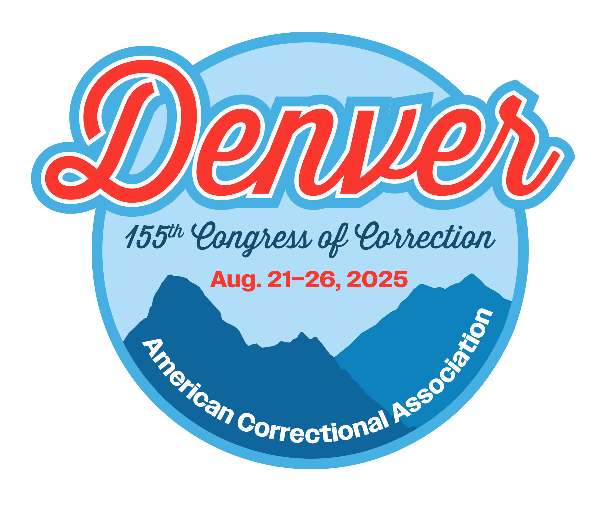 Logo for 155th Congress of Correction, American Correctional Association, Aug 21–26, 2025, with Denver mountains.