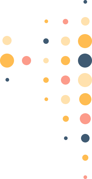 Abstract pattern of randomly placed circles in orange, peach, coral, and navy on a white background.