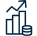 White outline of ascending bar chart with arrow and magnifying glass on blue circle background.