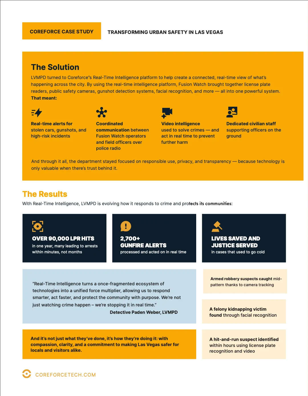 Coreforce case study detailing LVMPD's use of real-time intelligence for urban safety, highlighting alerts for stolen cars and gunshots, coordinated communication, video intelligence to solve crimes, and dedicated civilian staff, resulting in over 90,000 license plate reader hits, 2,700 gunfire alerts, lives saved, and suspects caught through technology.