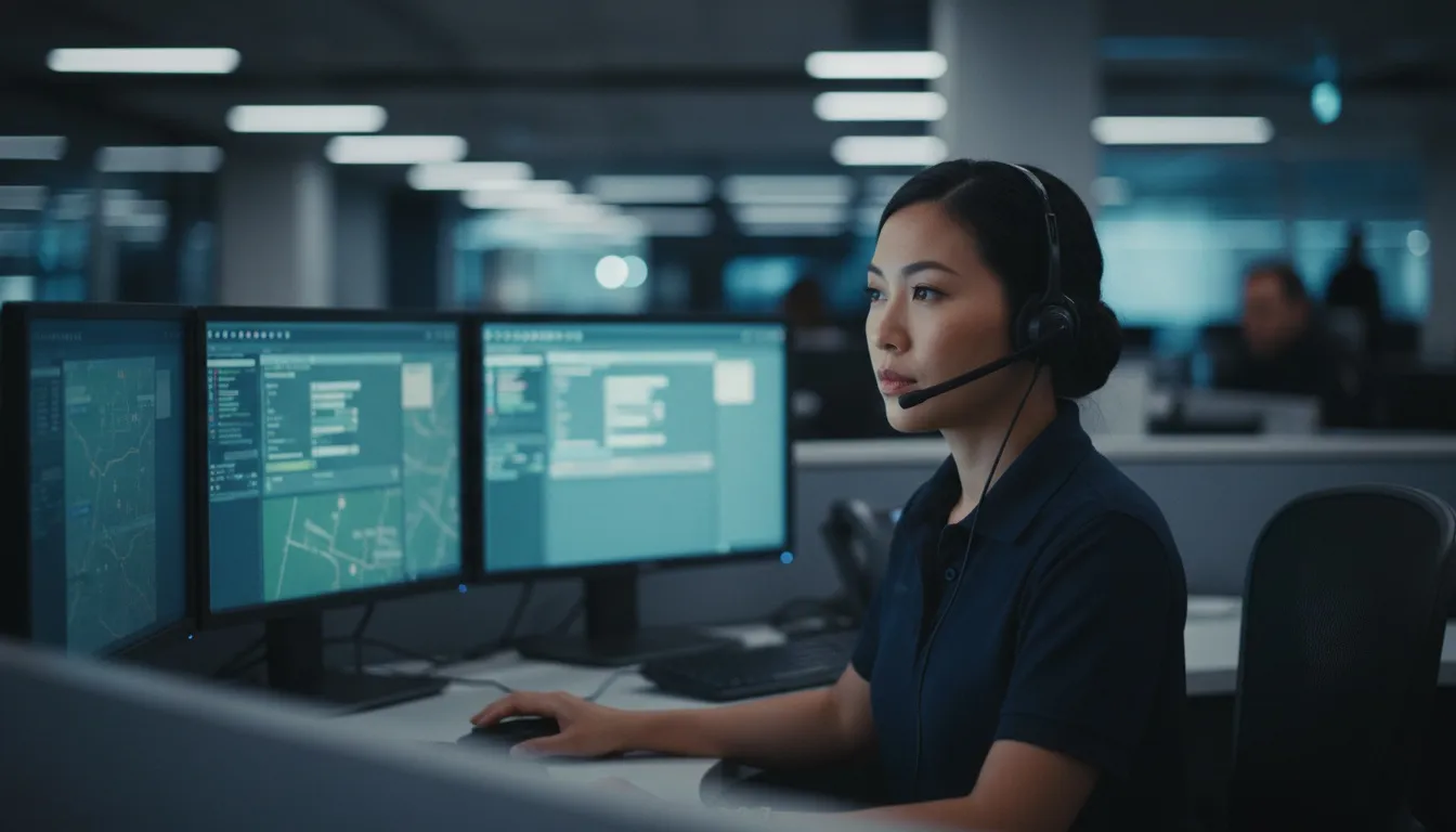 Focused woman wearing headset working on a computer with three monitors displaying maps and data in a dark office.