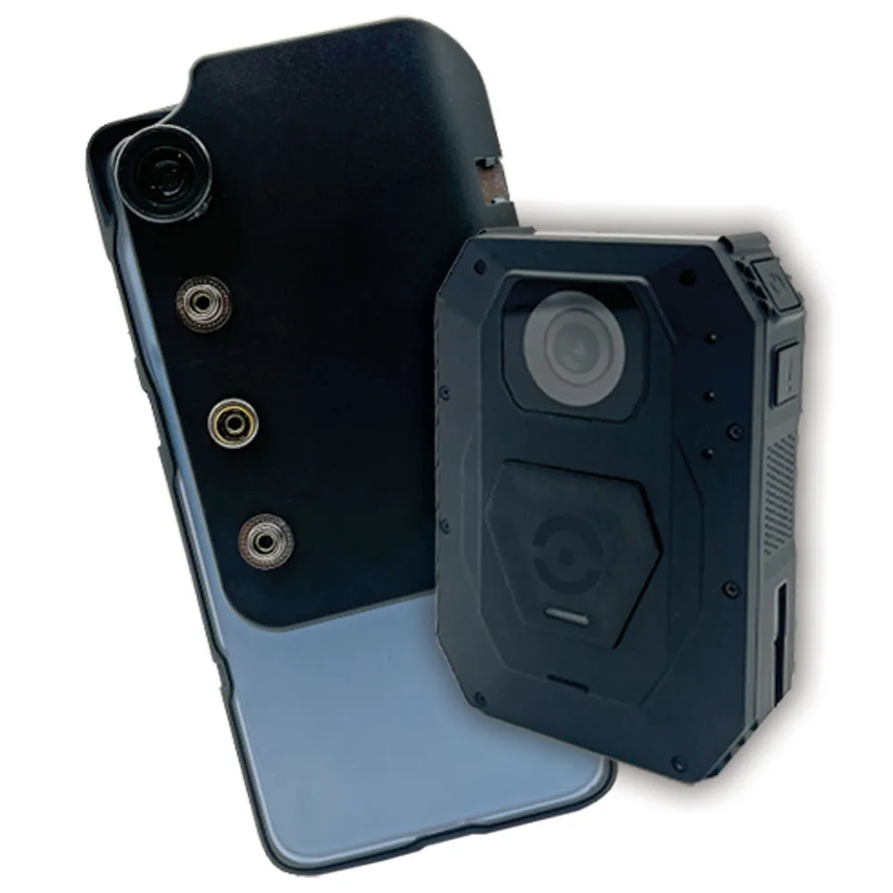 Two black body-worn cameras with lenses and attachment points on a white background.