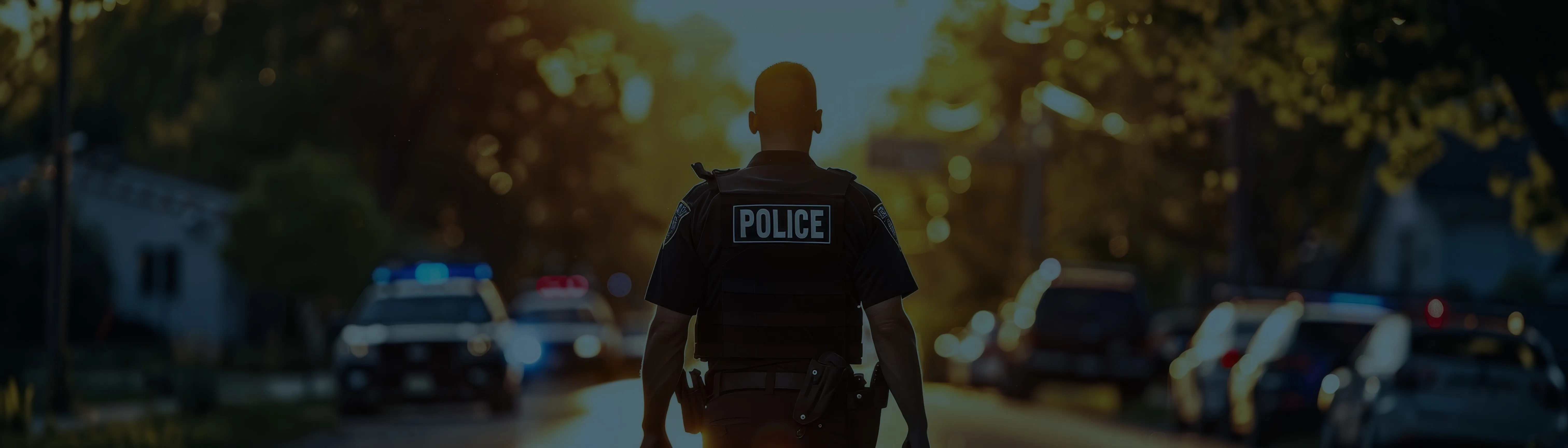 Police officer in uniform with 'POLICE' label on vest walking down a street with blurred police cars and flashing lights in the background.