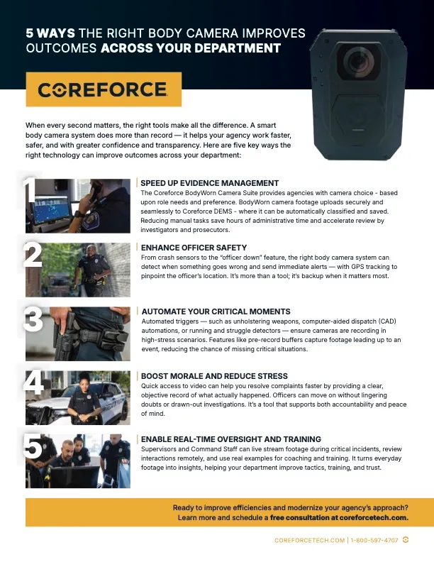 Infographic titled '5 ways the right body camera improves outcomes across your department' featuring CoreForce branding, body camera image, and five detailed benefits with small images illustrating each point.