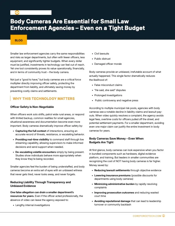 Article titled 'Body Cameras Are Essential for Small Law Enforcement Agencies – Even on a Tight Budget' explaining benefits for officer safety, liability reduction, and cost savings.