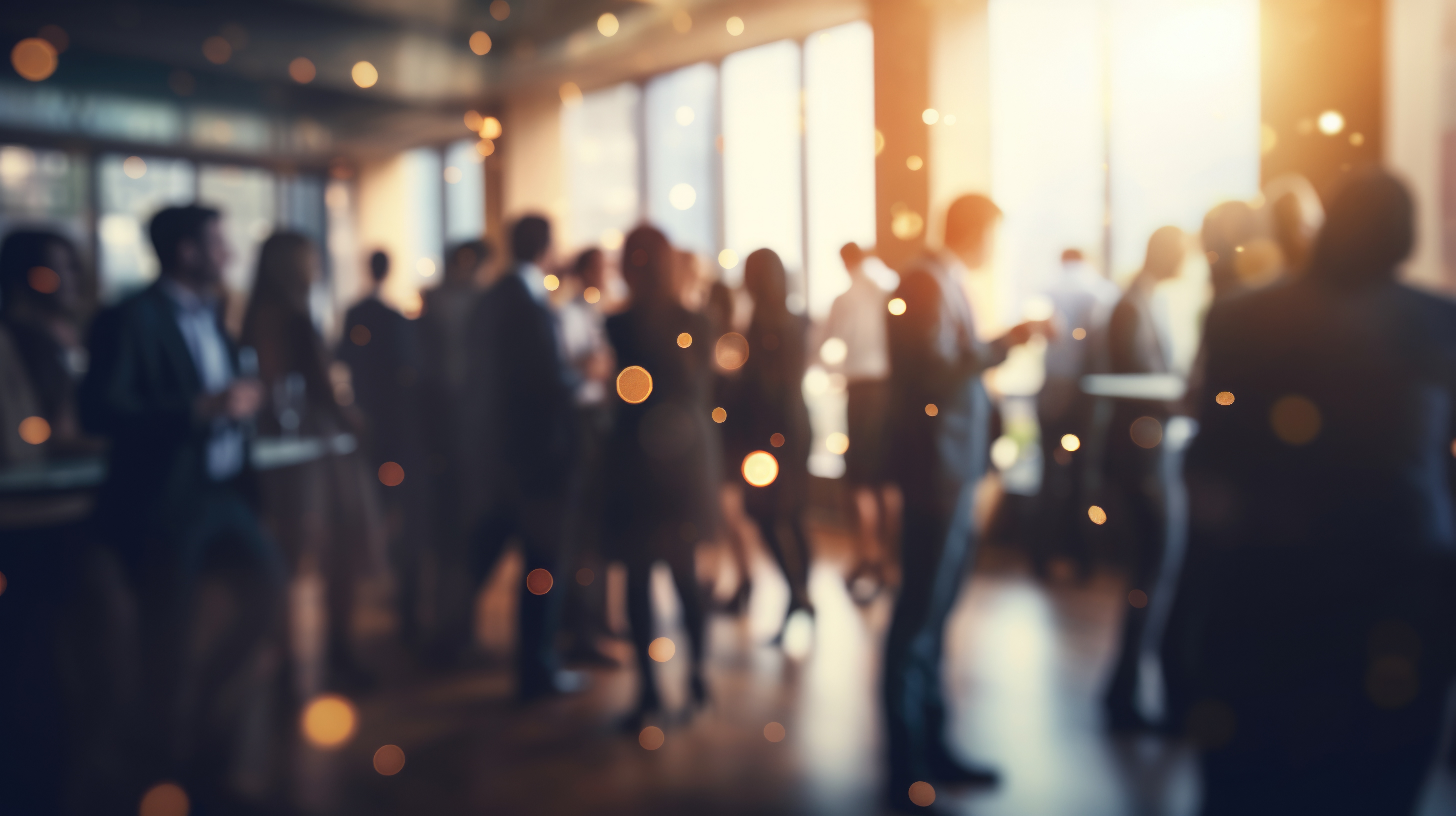 Blurred image of people socializing at a bright indoor event with warm bokeh lights.
