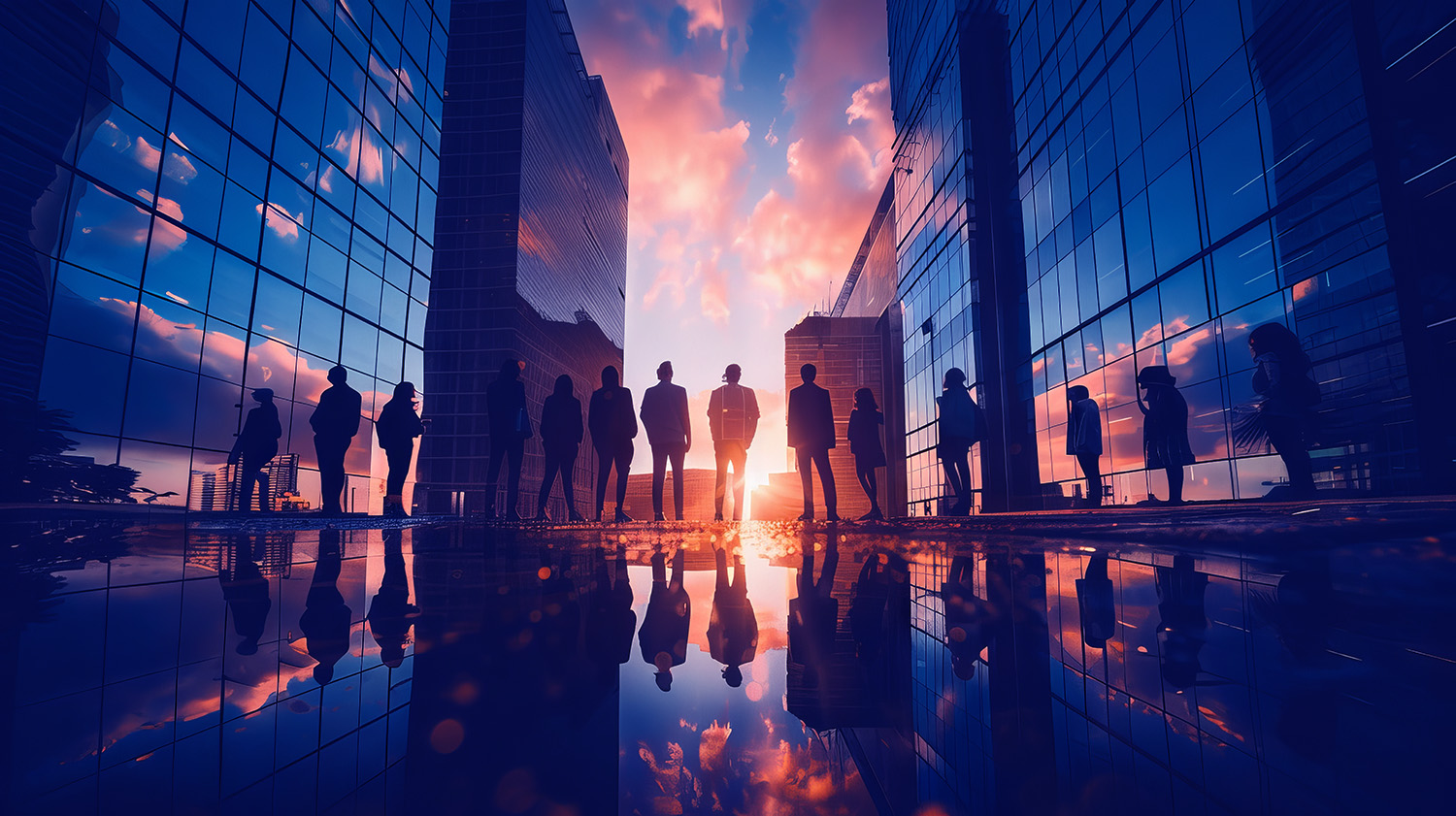 Silhouettes of people standing between glass buildings at sunset with vivid sky and reflections on wet ground.