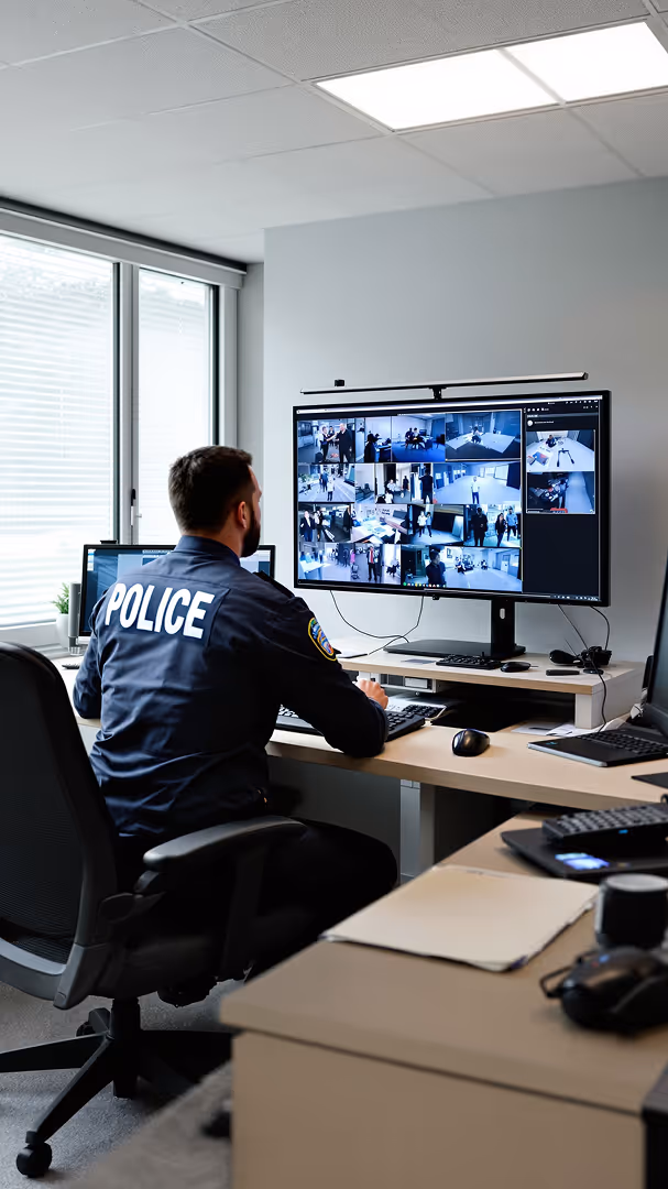 Police officer monitoring multiple surveillance camera feeds on a large computer screen in a modern office.