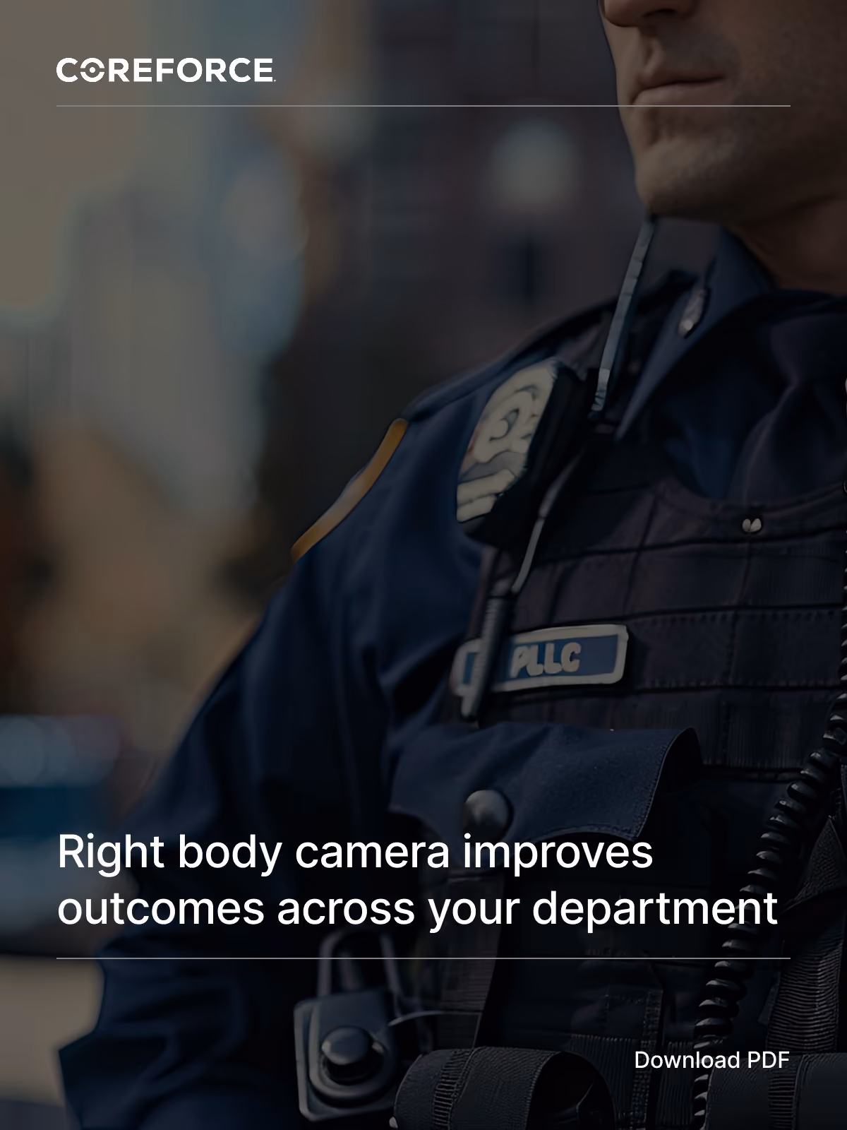 Close-up of a police officer in uniform wearing a body camera and radio equipment.