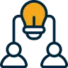 Two people connected by a glowing light bulb symbolizing shared ideas or brainstorming.