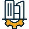 Factory with gear below representing industrial production and management.