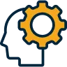 Outline of a human head with a gear inside, symbolizing thinking or consulting.
