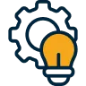 Blue gear with an orange lightbulb in front, symbolizing ideas and innovation.