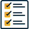 Three orange checkboxes with blue checked marks and blue horizontal lines to their right representing a checklist.