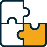 Two interlocking puzzle pieces, one dark blue and one orange, symbolizing connection or strategy.
