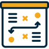 Blue and orange stylized illustration of charts, graphs, and data points on a board.