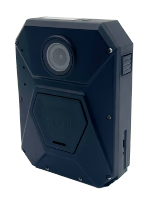 Black body camera with hexagonal button and lens on the front.