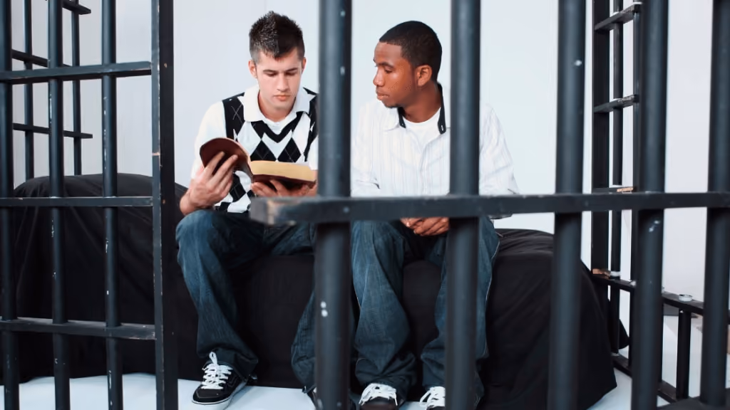 Two young men sitting inside a jail cell, one holding a book open while the other watches.