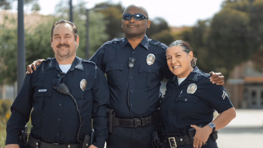Three smiling police officers standing outdoors with arms around each other.