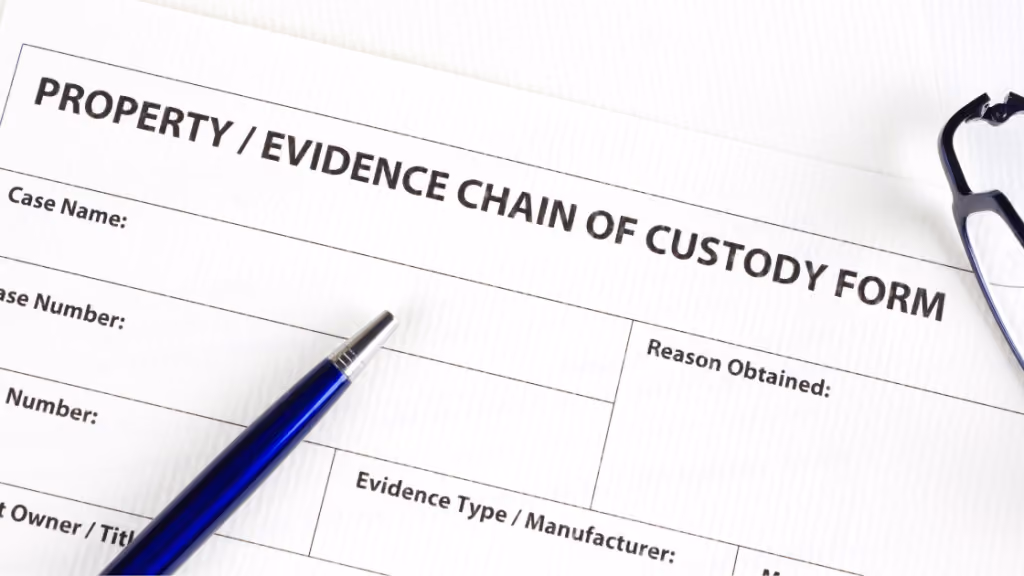 A PROPERTY / EVIDENCE CHAIN OF CUSTODY FORM with a blue pen and black eyeglasses on white paper.
