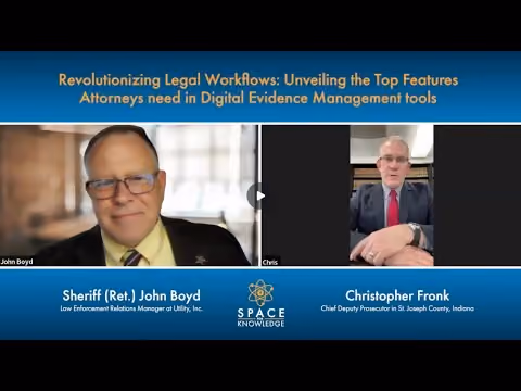 Screenshot of virtual talk titled Revolutionizing Legal Workflows with Sheriff John Boyd and Christopher Fronk.