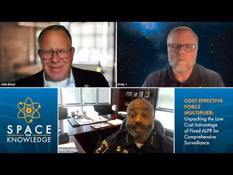 Three men in a video call discussing cost-effective force multiplier with Space for Knowledge logo.