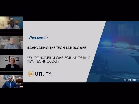Video call with four men discussing Police1's Navigating the Tech Landscape webinar on technology adoption.